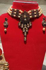 Temple Inspired Kundan And Stone Studded Pearl Choker Necklace With Earrings