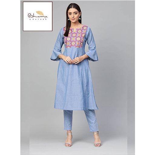 Women Blue Yoke Design Chambray Kurta with Trousers (BHAMA 11)