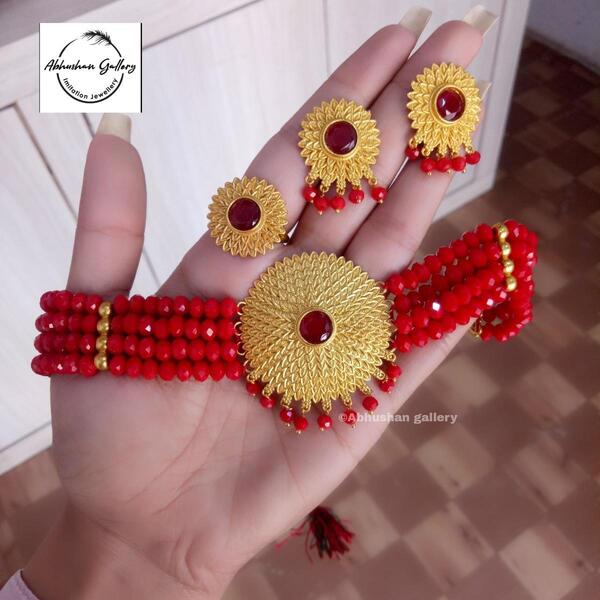 Abhushan Gallery Panchadhatu Gold Plated Round Red Crystal Choker Set For Women