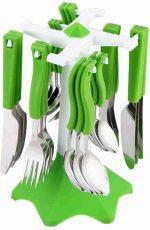 ANKUR Stainless Steel, Plastic Cutlery Set With Revolving Stand, 24-Pieces