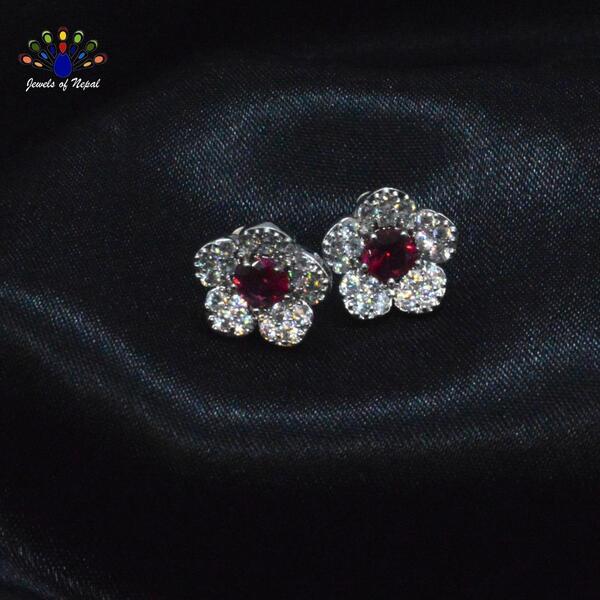 Cubic Zirconia / American Diamond Red Flower Designed Ear Studs For Women