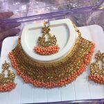 Golden And Orange Bindi, Earring And Necklace Set For Women