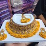 Golden And Yellow Bindi, Earring And Necklace Set For Women