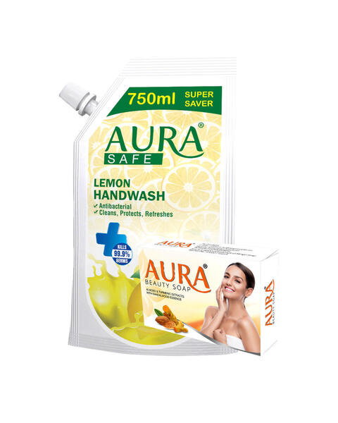 Aura Safe Hand Wash Refill Pack (Lemon) 750 ml + Aura Beauty Soap 100gm with Almond and Turmeric Extracts ( Free )