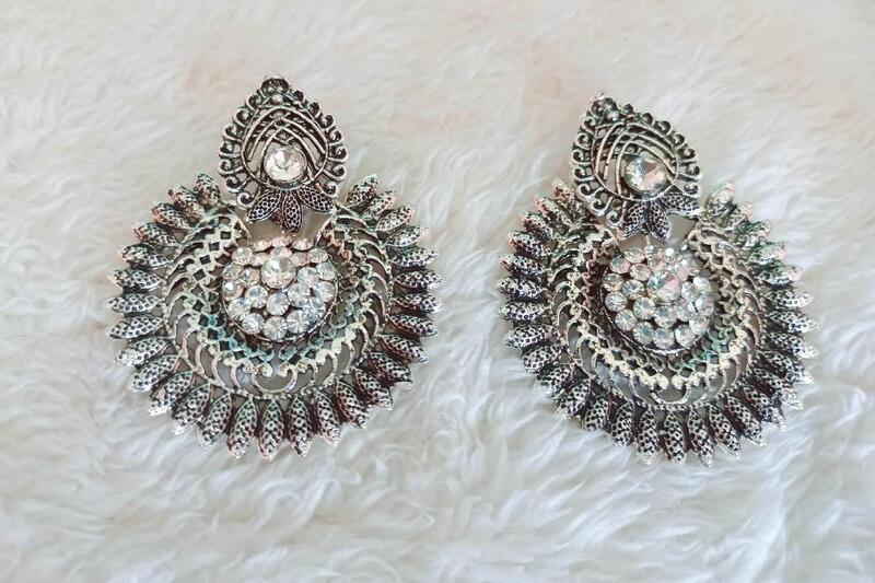 Oxidized Silver Toned Stone Stud Earring For Women