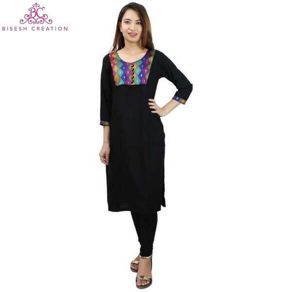 Bisesh Creation Black Slub Rayon Brocket Patched Kurti With Black Cotton Leggings For Women, Size:M