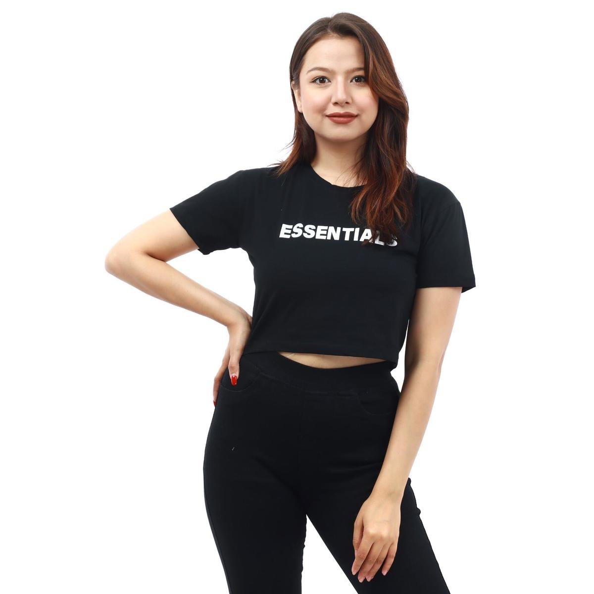 black cotton round neck half sleeves front essentials printed crop t shirt for women