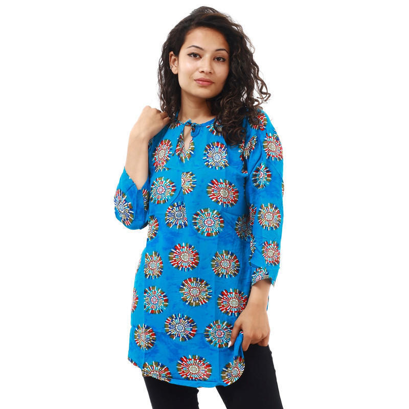 blue cotton full sleeves flower printed tops for women