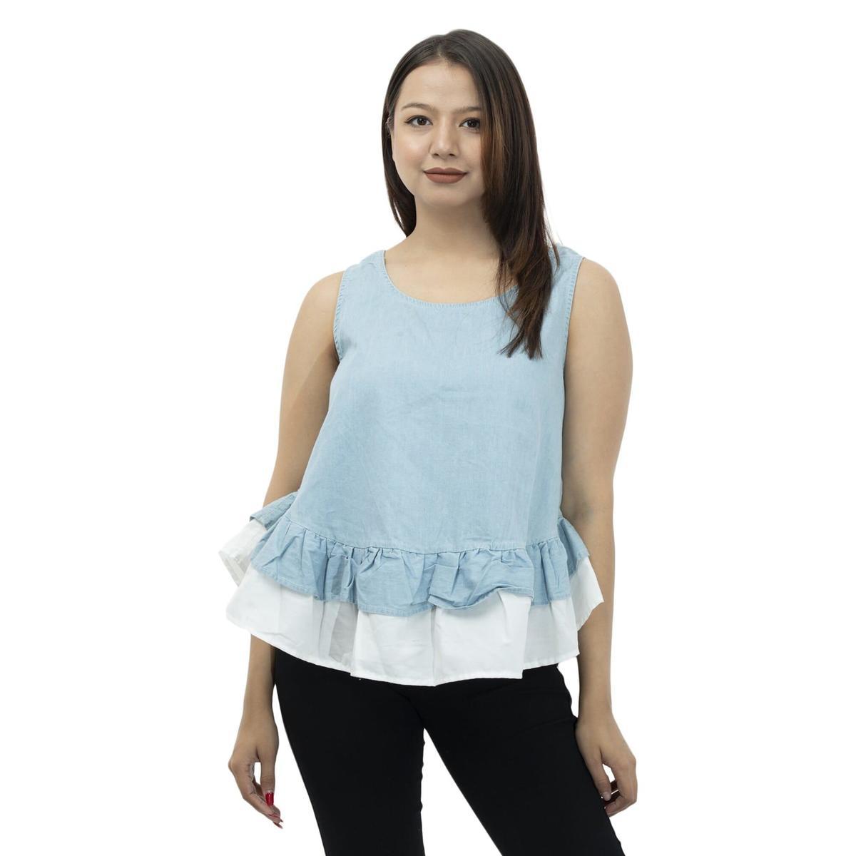 blue jeans round neck sleeveless ruffle tops for women