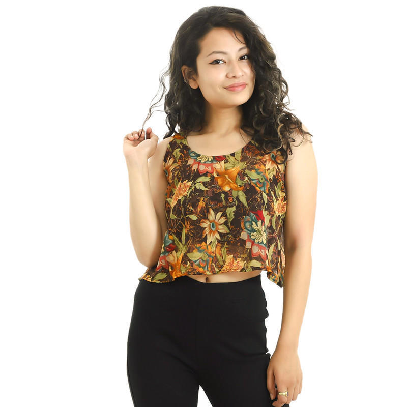 brown chiffon flower printed sleeveless crop tops for women