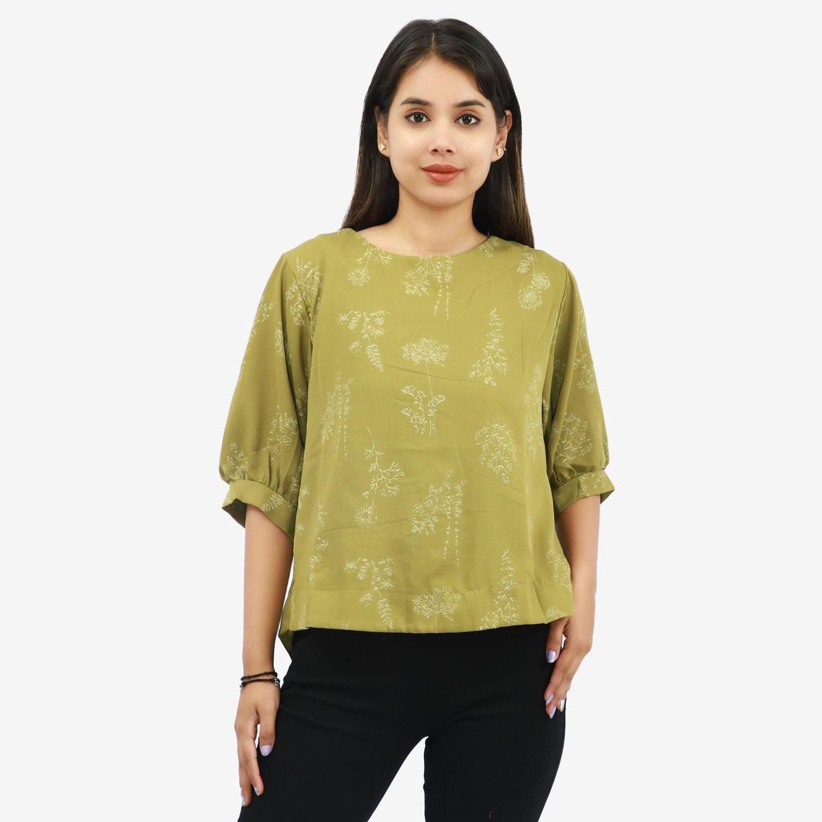 green cotton round neck quarter sleeve flower printed tops for women