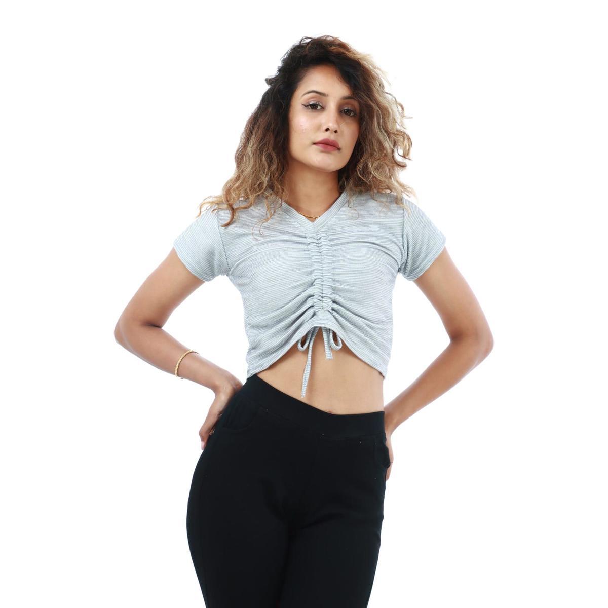 grey cotton v neck half sleeves front lace design crop tops for women