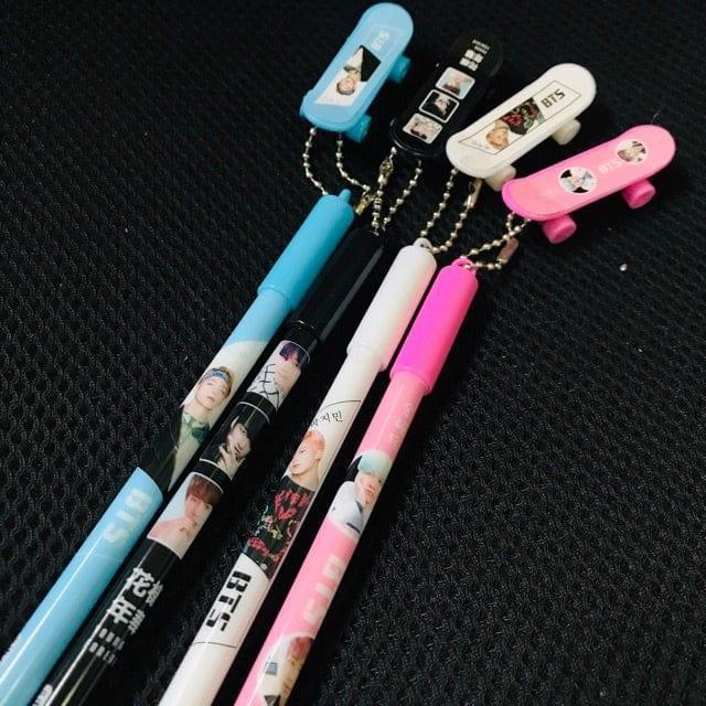 k pop bts ballpoint gel pen with hanging bts printed skateboard set