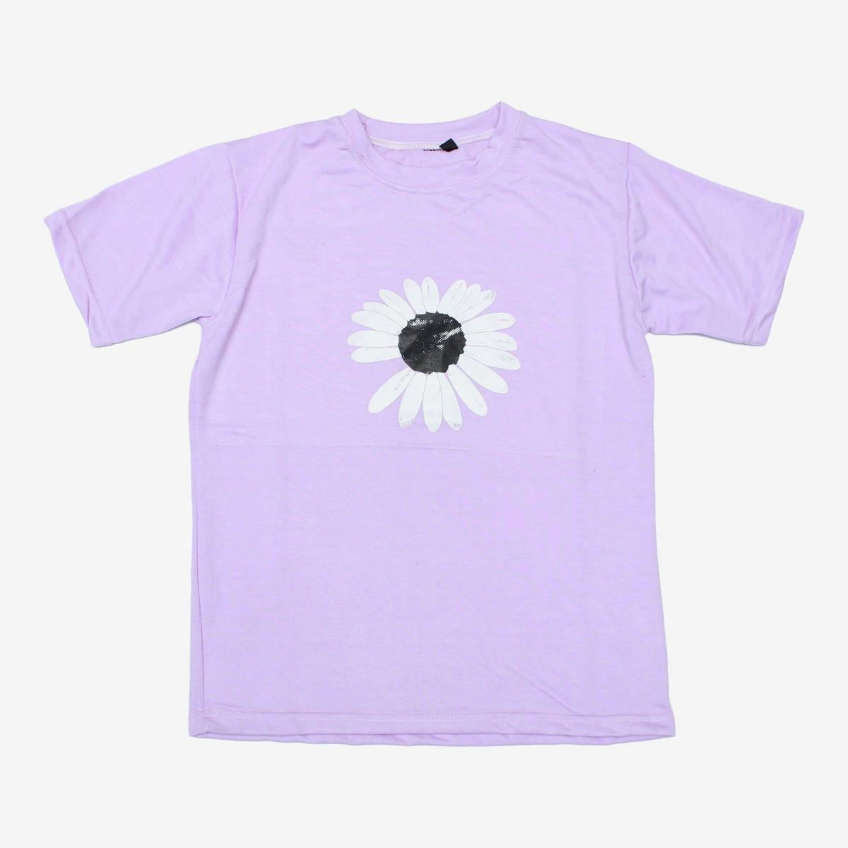light purple cotton flower design half t shirt set for women