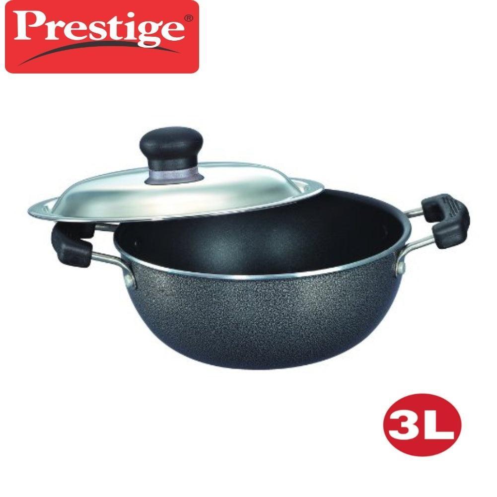 prestige omega select plus aluminium non stick flat base kadhai with lid 25cm