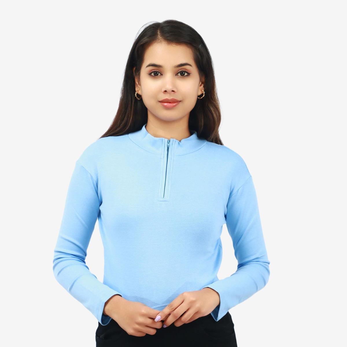 sky blue cotton full sleeves front zippered design crop t shirt for women