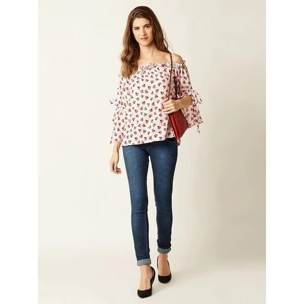 this is summer bardot top multicolored white base for women