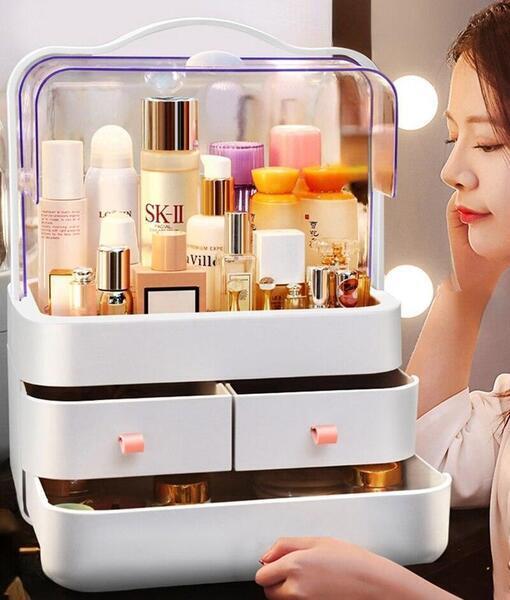 Transparent Makeup Dustproof Cosmetics Storage Box Rack Desktop Skin Care Product Lipstick Beauty Storage Drawer Portable Handle