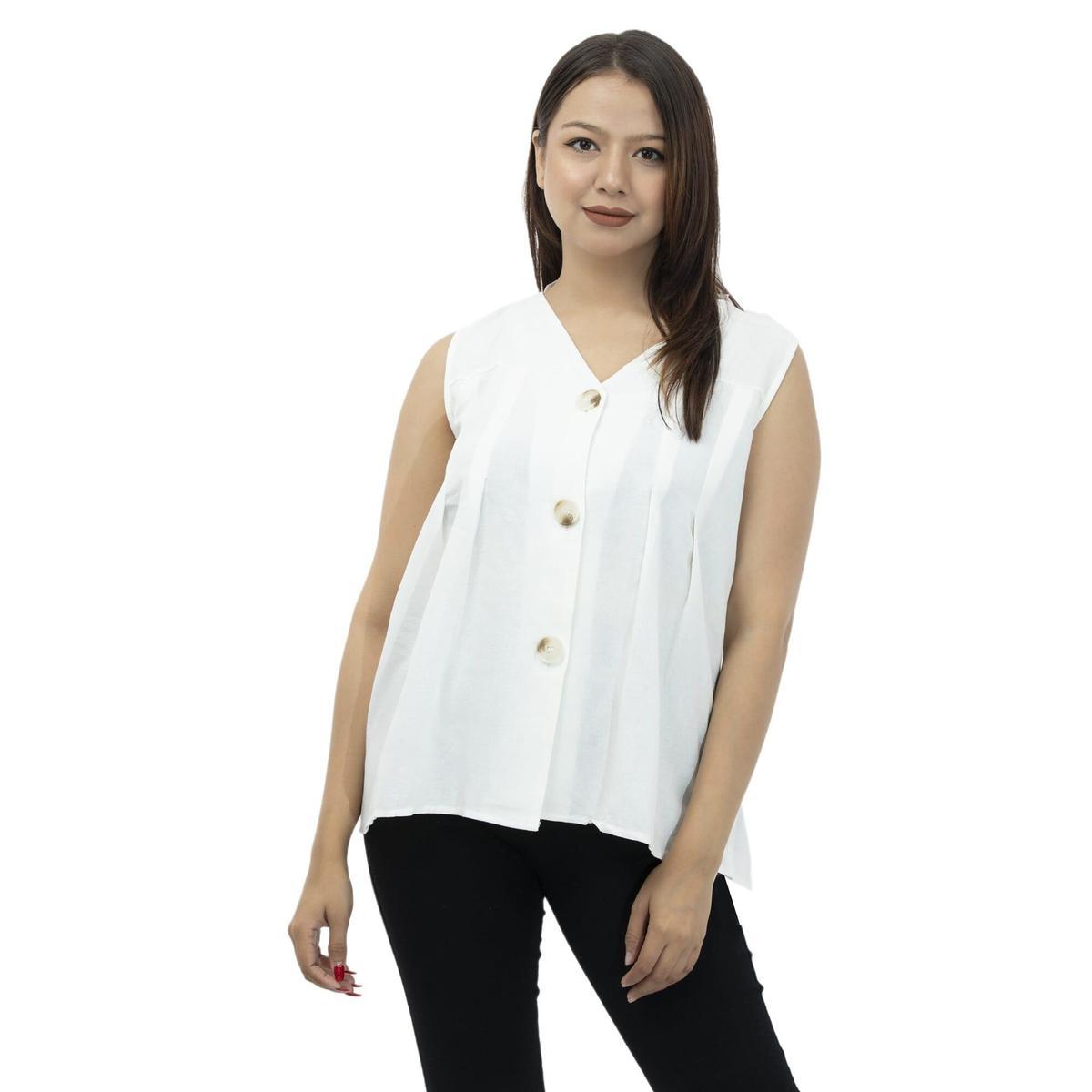 white sleeveless front button design tops for women