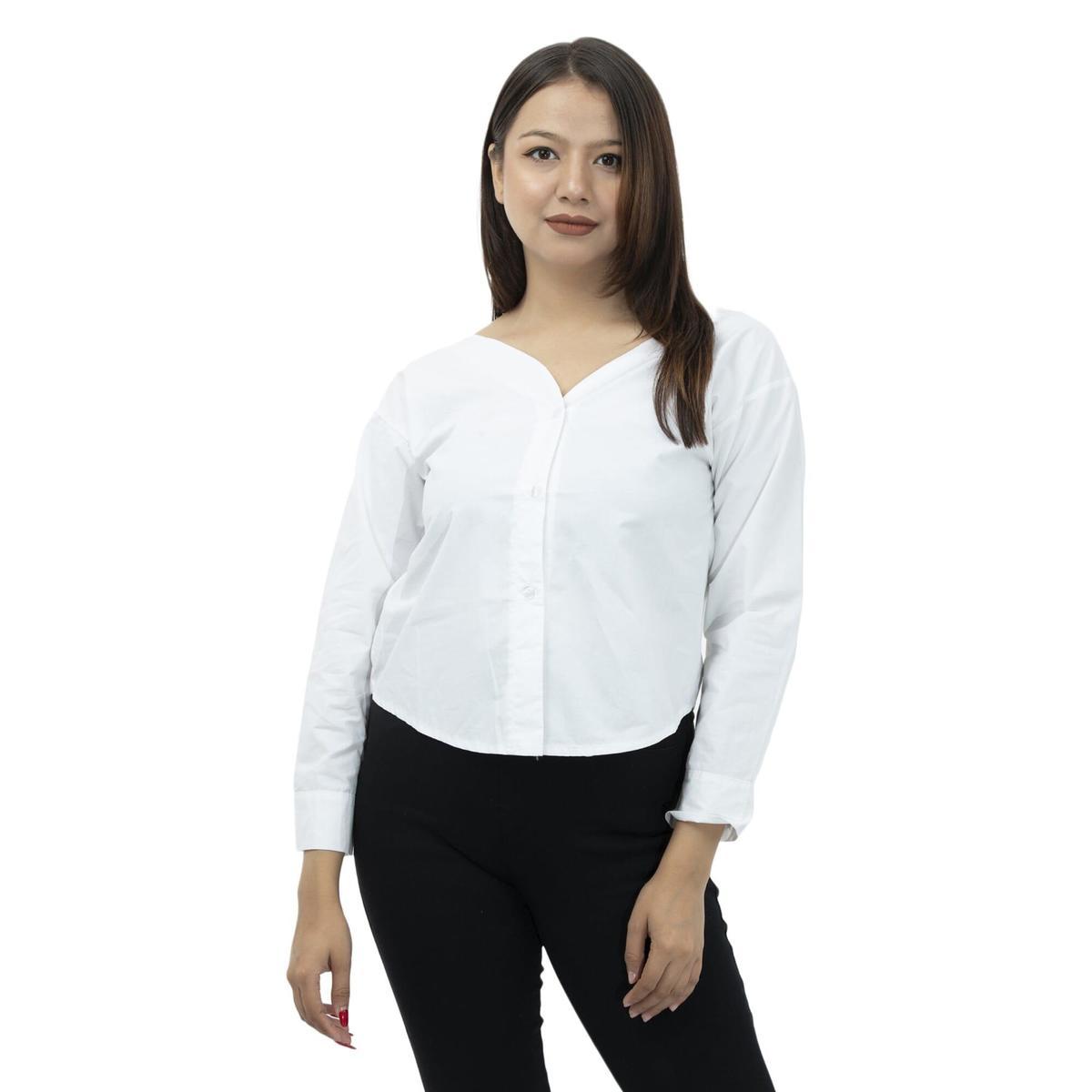 white v neck full sleeves front button design tops for women