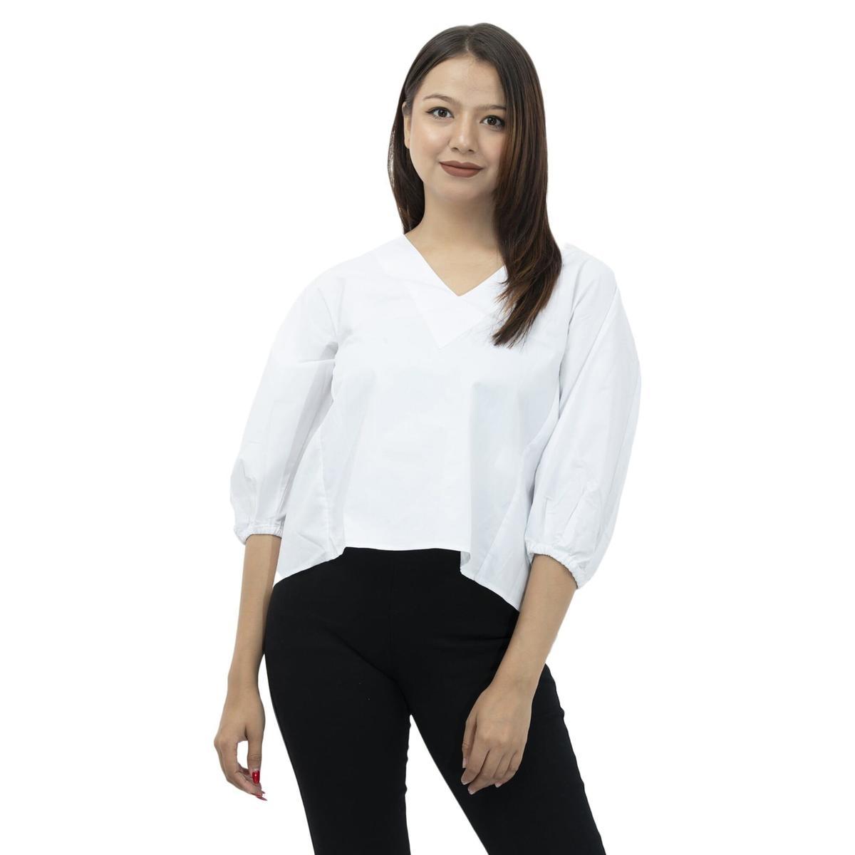 white v neck quarter sleeves back lace design tops for women