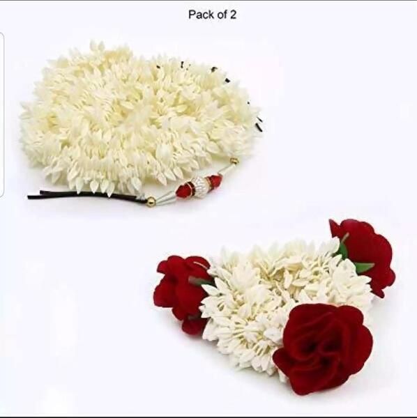 2 Hair Gajra (1 Band Gajra+1 Long Pin Gajra 38 Inch) Artificial Hair Gajra Flowers For Wedding Hair Veni Red Rose With White Flower) With Fragrance WQ