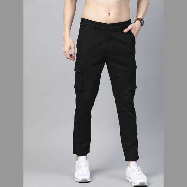Casual Black Multi Pockets Cotton Cargo Pant For Men
