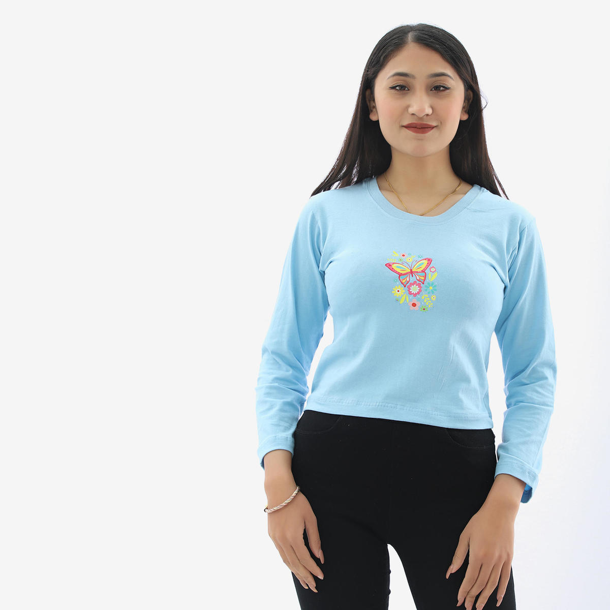binay embroidery sky blue full sleeve printed crop top t shirt for women
