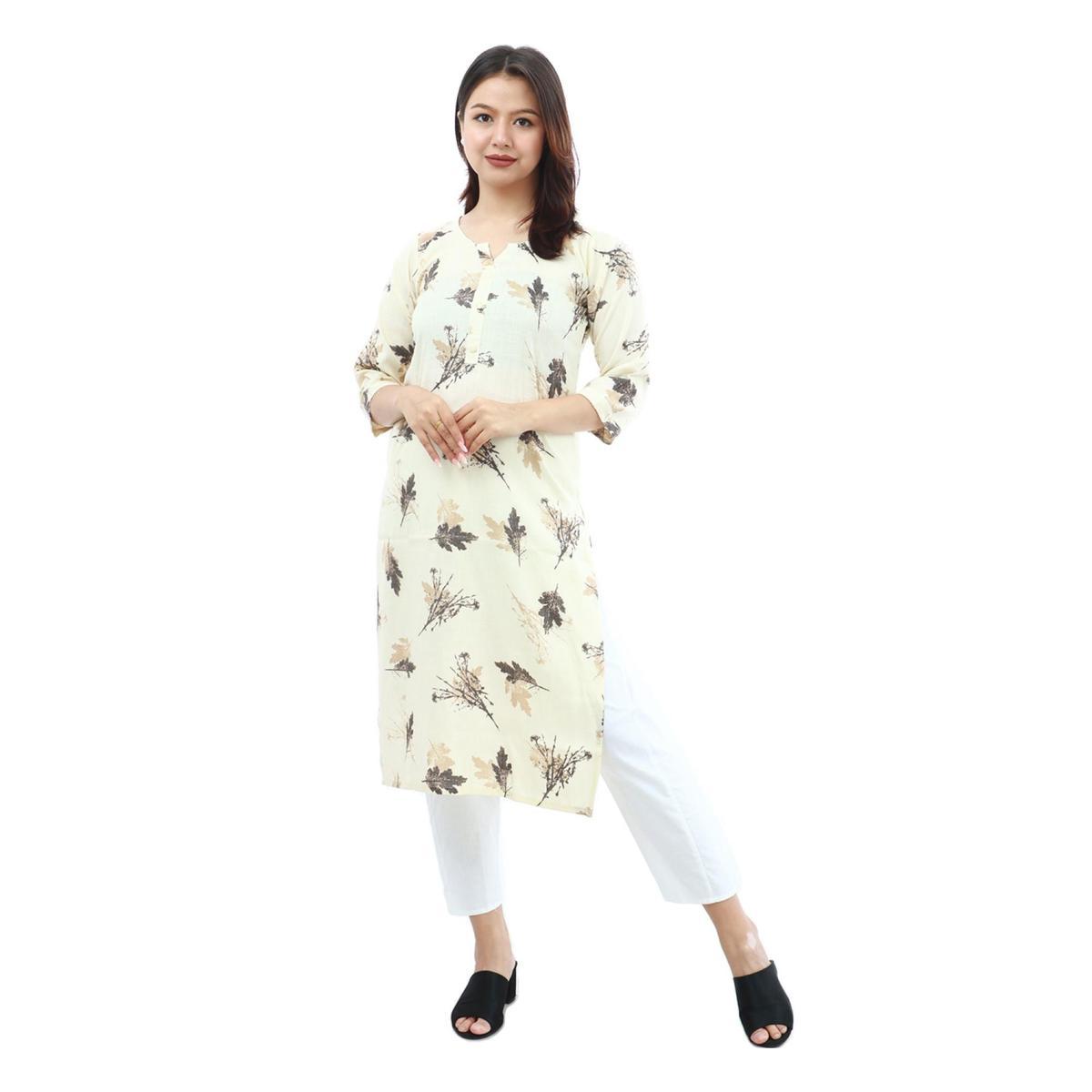 bisesh creation cream maple leaf with front button for women printed kurti for women