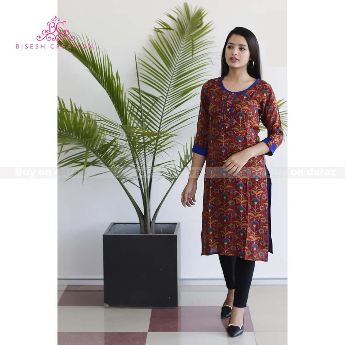bisesh creation maroon blue floral printed front button for womened kurti for women