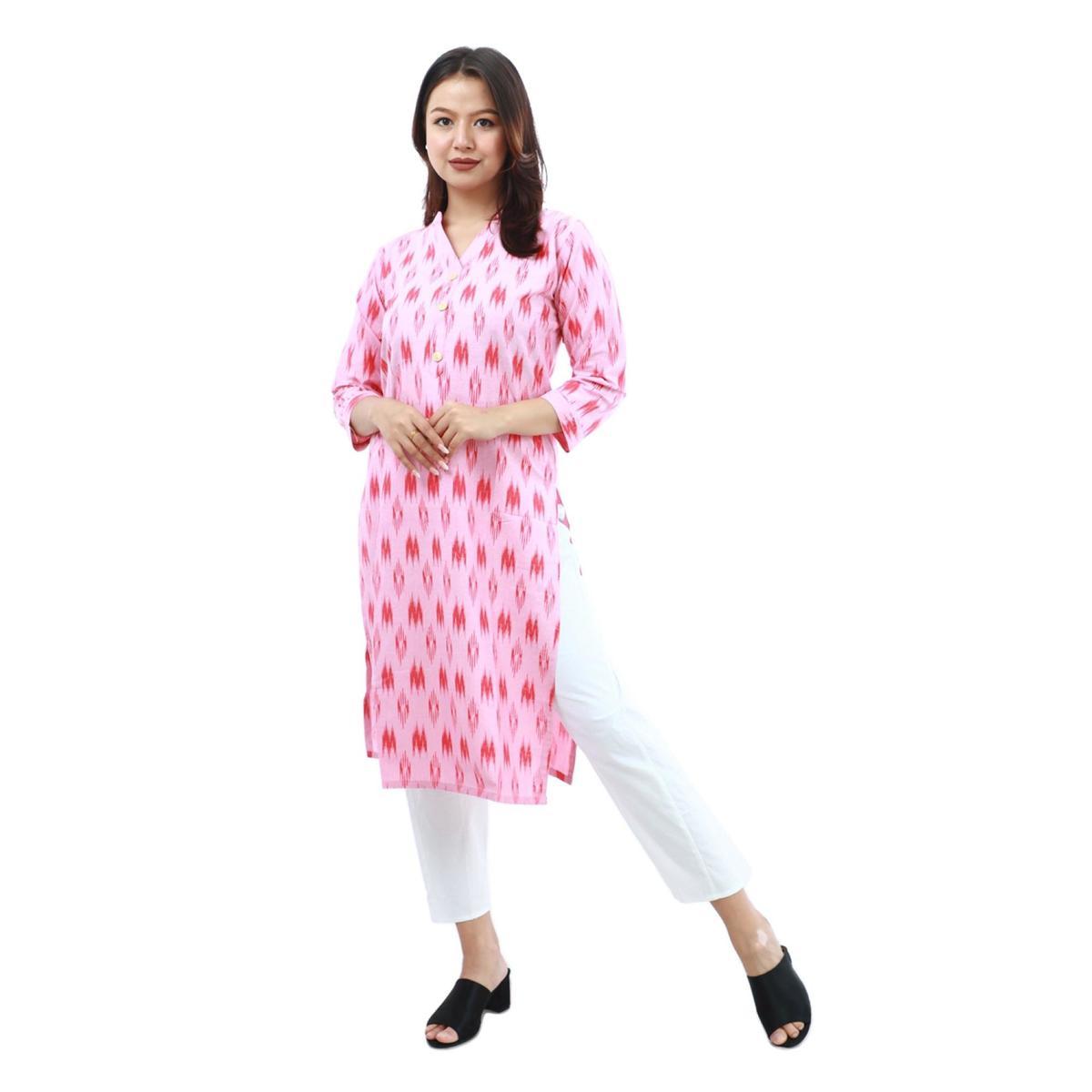 bisesh creation pink linen cotton ikat with front button for women printed kurti for women
