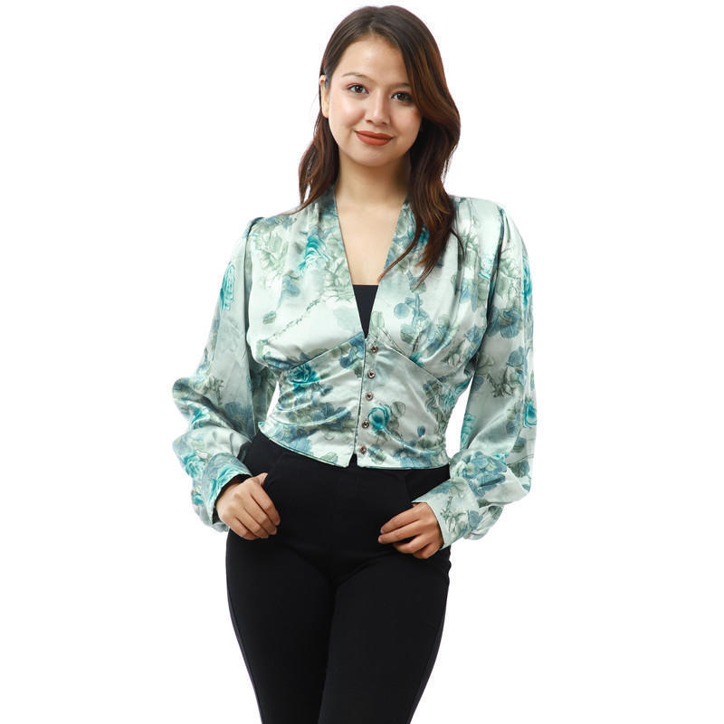 blue silk full sleeves printed crop tops for women