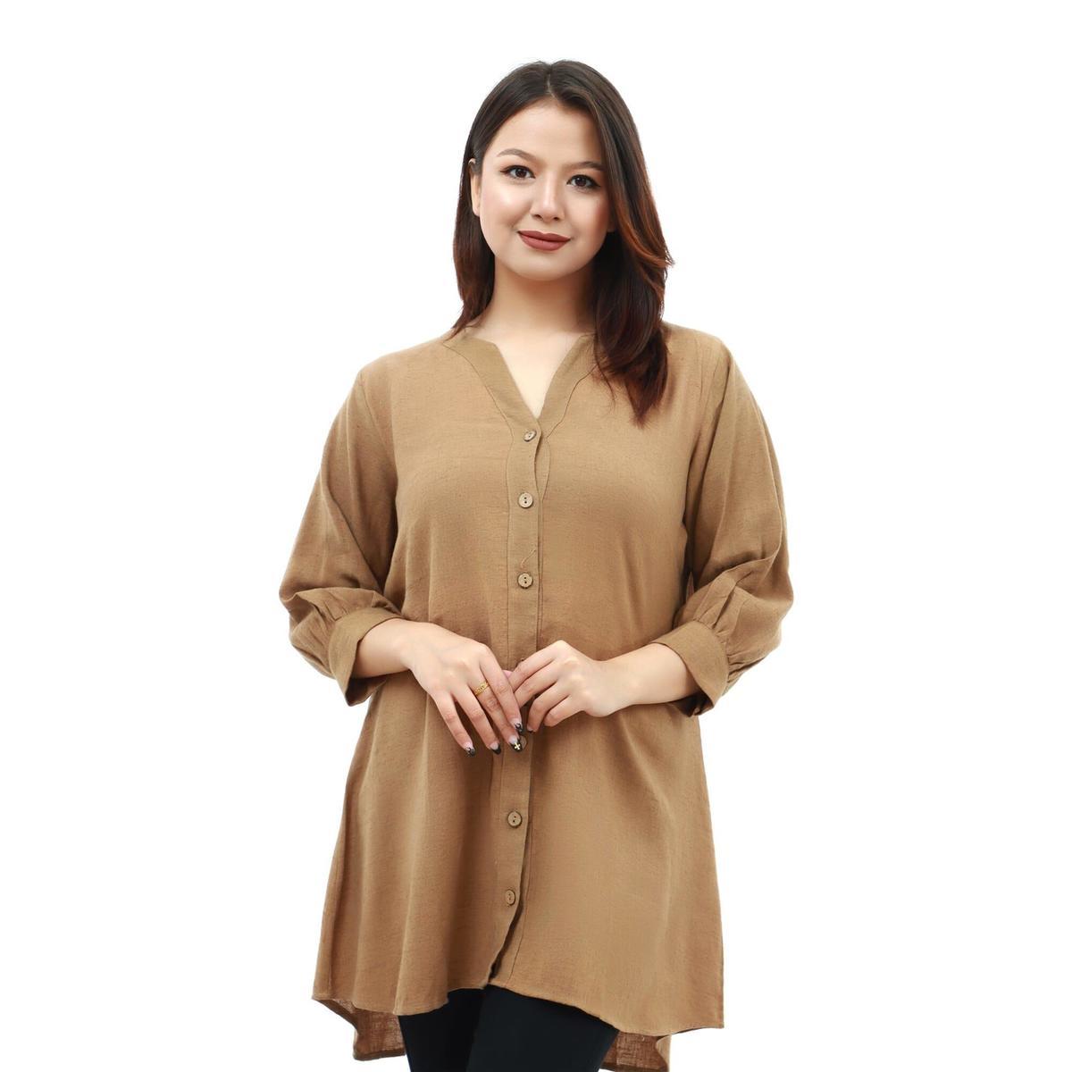 brown cotton v neck quarter sleeve front button design tops for women