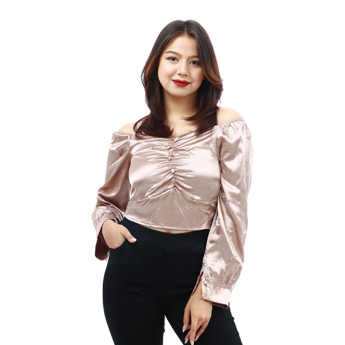 brown silk full sleeve front button design crop tops for women
