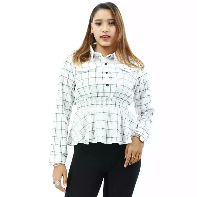 check printed cotton full sleeve front button design t shirts for women