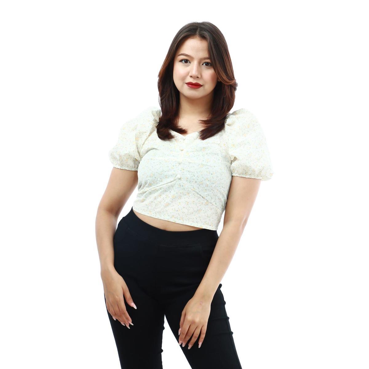 creamy cotton v necl half sleeve printed front button design crop tops for women