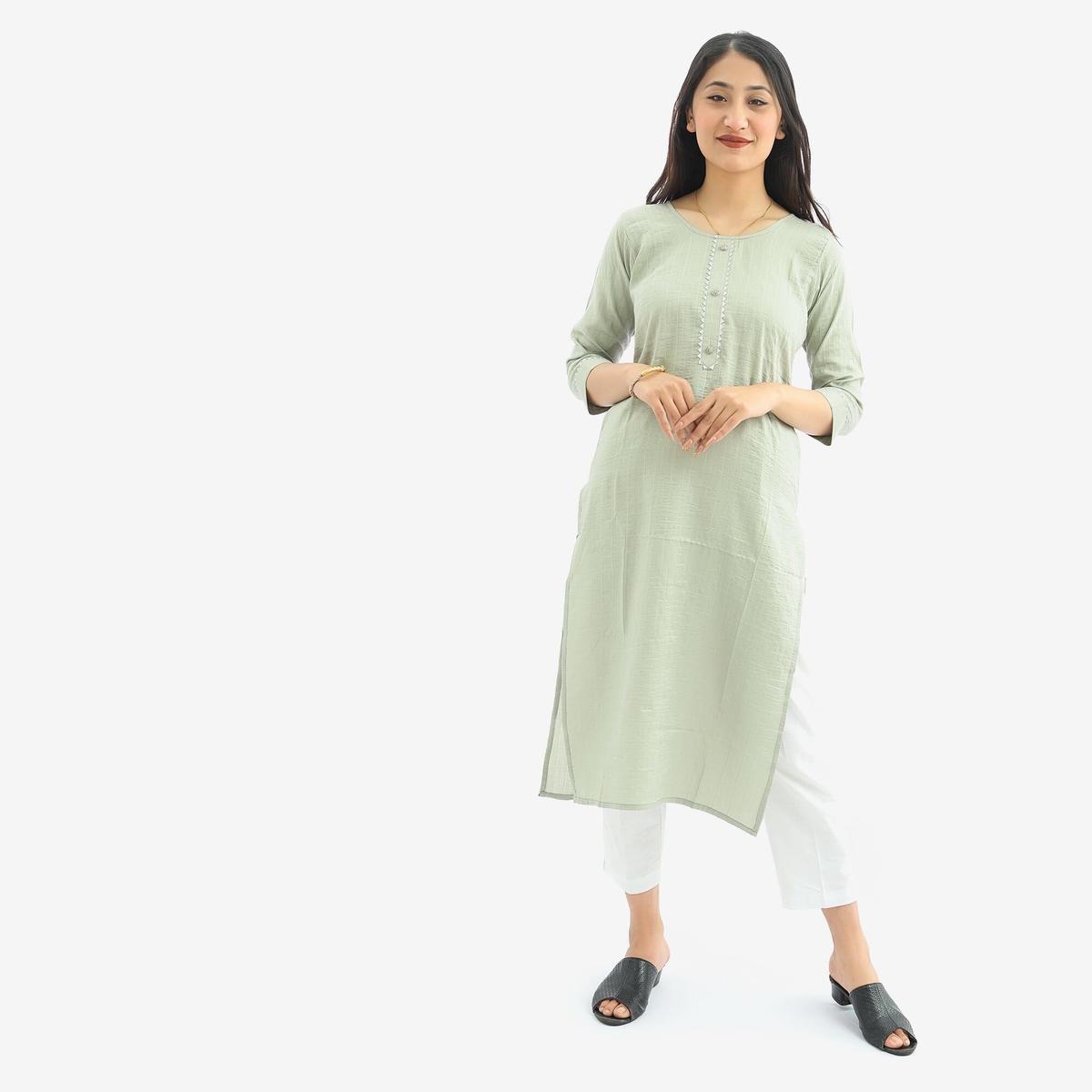 green color cotton round neck quarter sleeve front button design kurti for women by bisesh creation