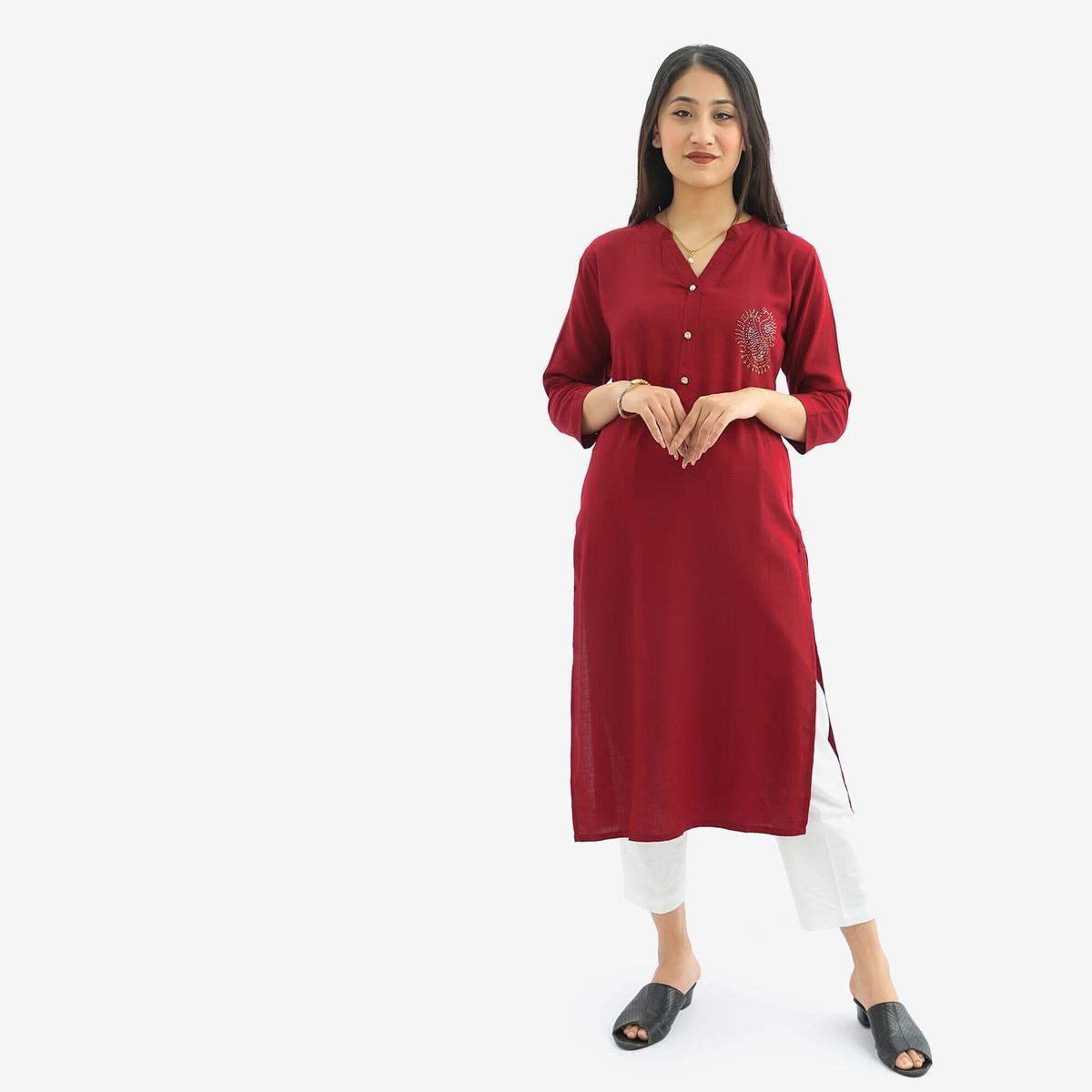maroon color cotton collor neck quarter sleeve folral embroidred kurti for women by bisesh creation