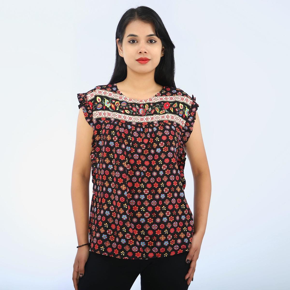 multicolor cotton round sleeveless floral printed t shirt for women
