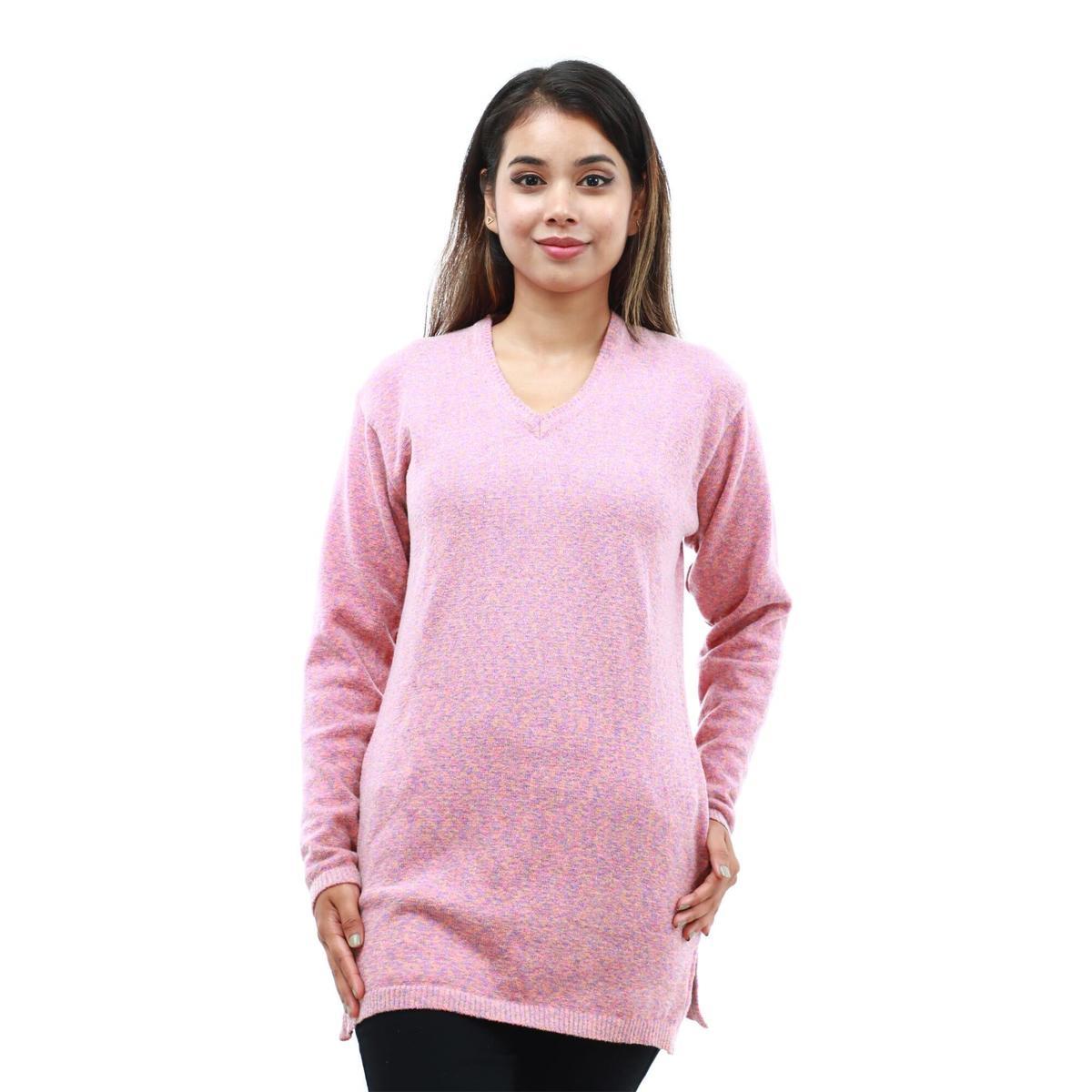pink v neck full sleeves abstract printed t shirt for women