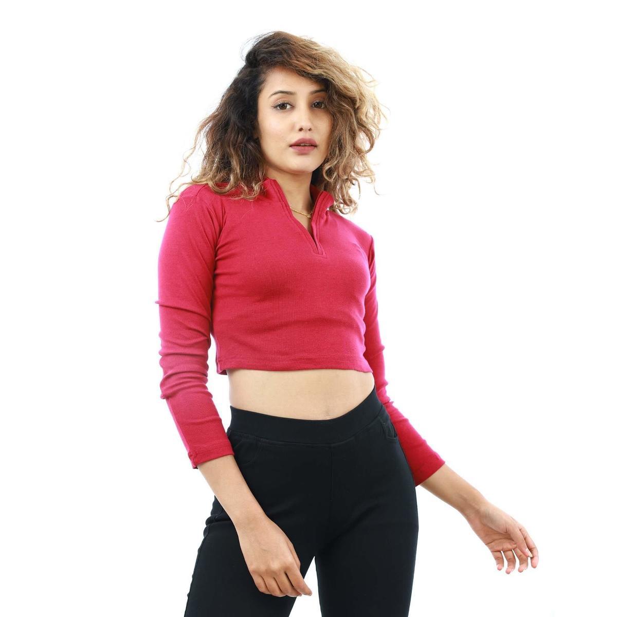red cotton v neck full sleeves front zippered design crop tops for women