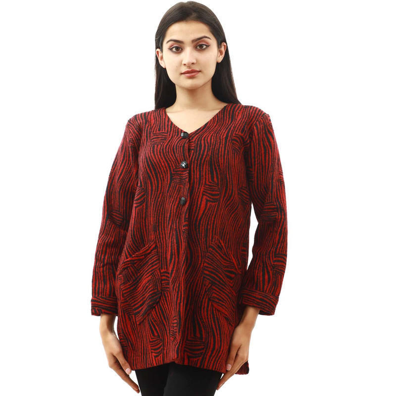 red woolen v neck full sleeve front button design tosp for women