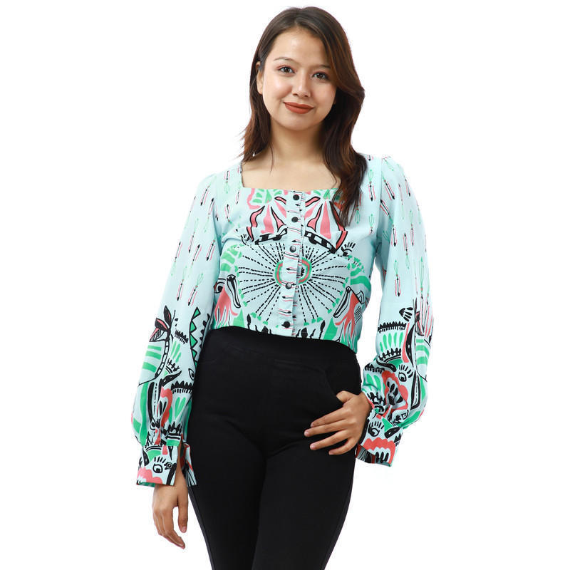 sky blue chiffon full sleeves printed crop tops for women