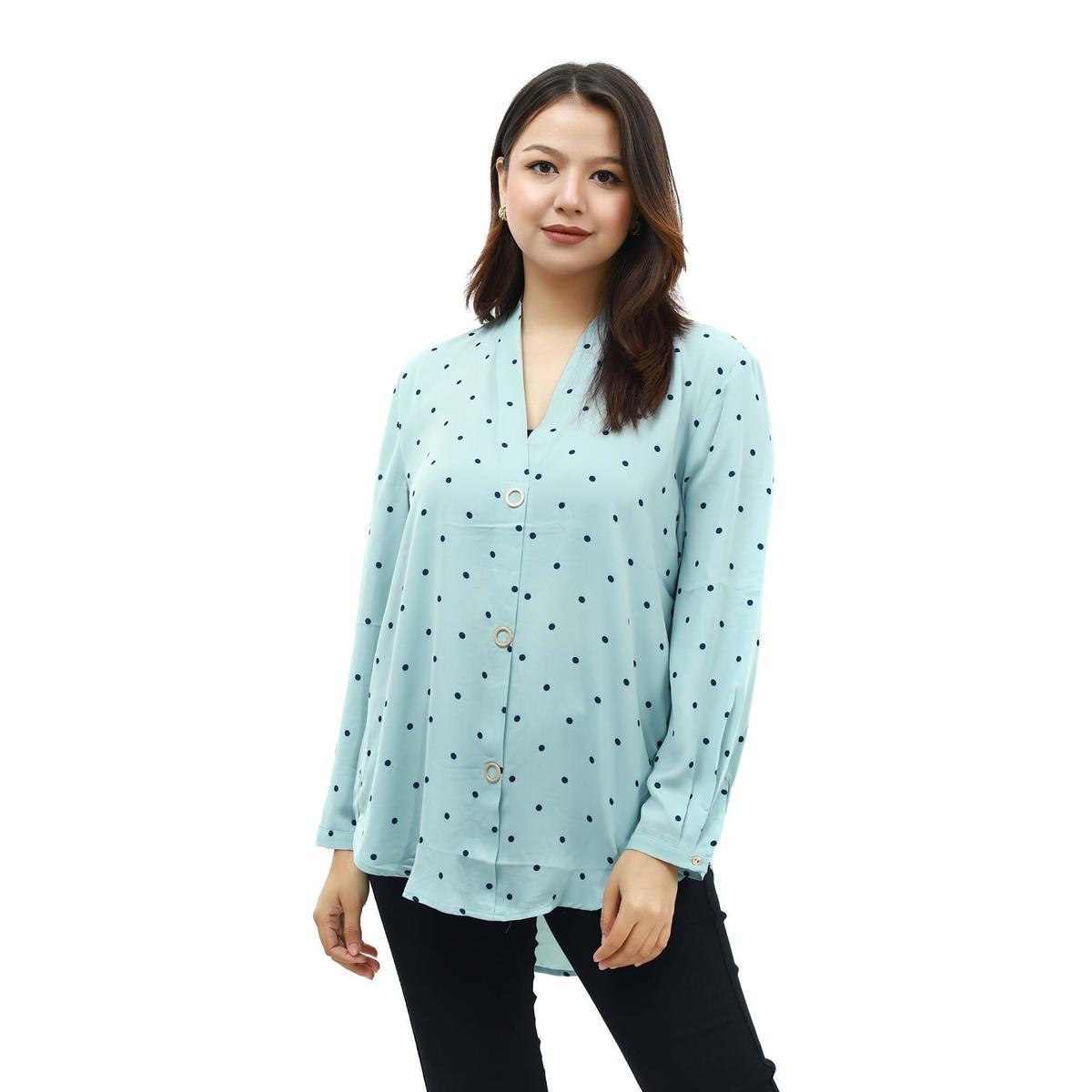 sky blue cotton v neck full sleeves dot polka printed tops for women