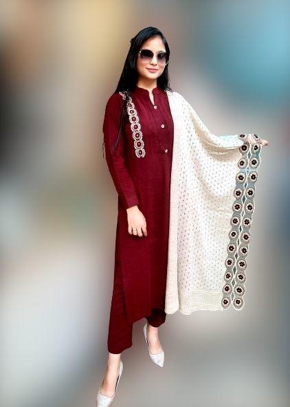 soft woollen kurti sets in maroon colour with white shawl for women