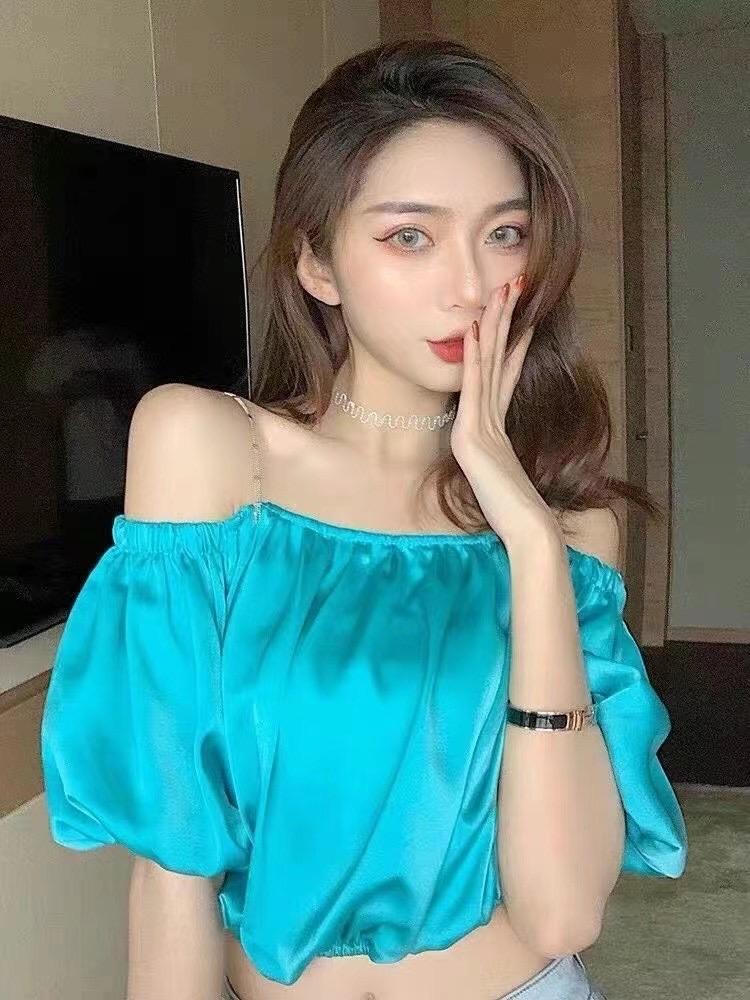 summer new sexy off the shoulder bubble sleeve sling shirt women loose top