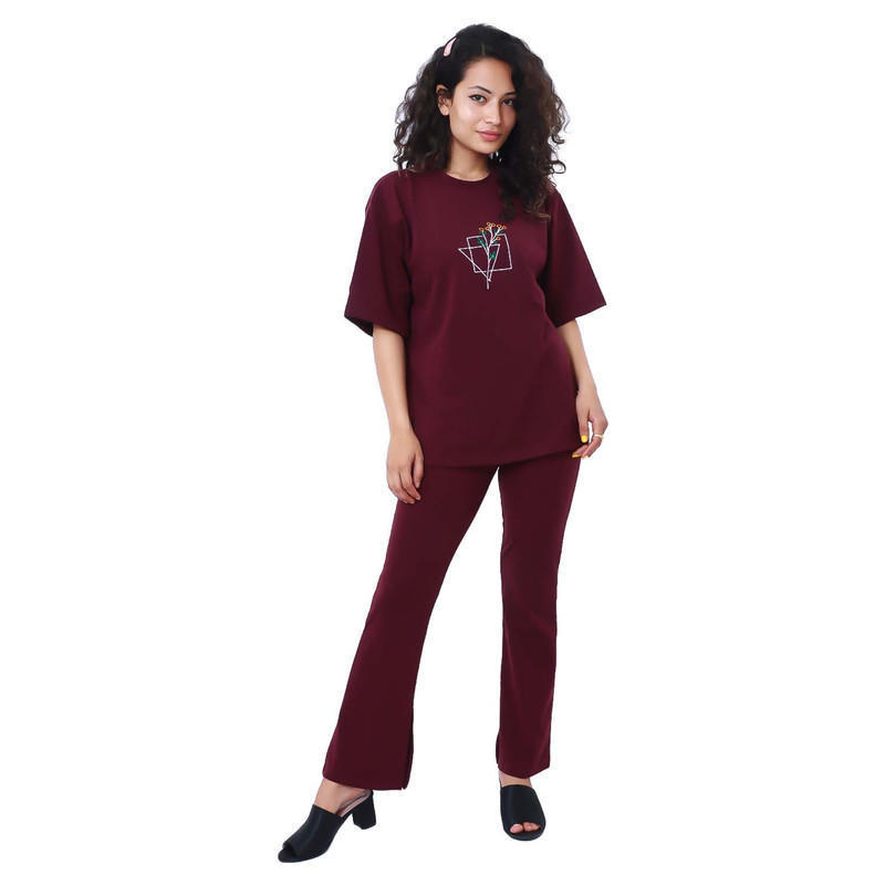tee and pant set flower print sml romafabric maroon for women