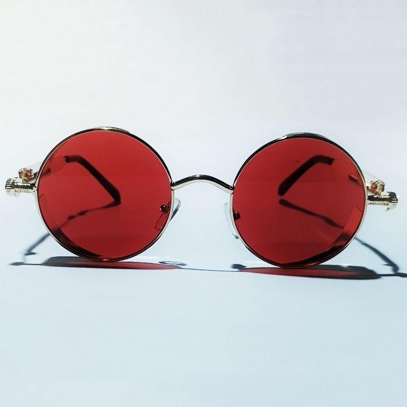 vintage mens red lens golden frame sunglasses with bag
