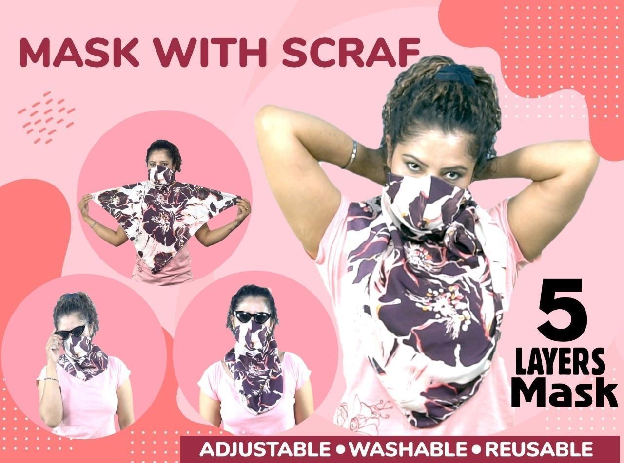 washable reusable adjustable stylish 5 layer mask with scarf for women girls 1s