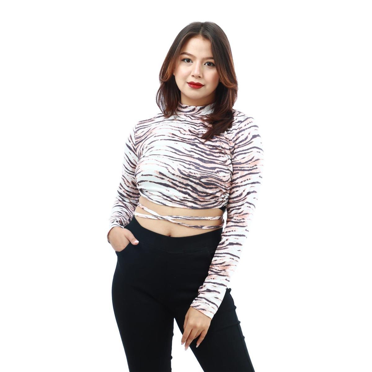 white cotton full sleeve animal printed lace design tops for women